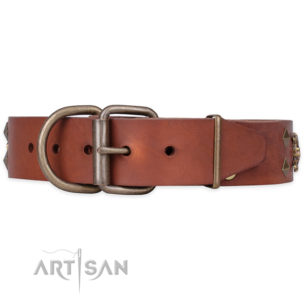 Basic training decorated dog collar of best quality full grain natural leather