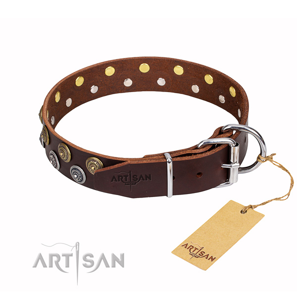 Handy use decorated dog collar of reliable leather