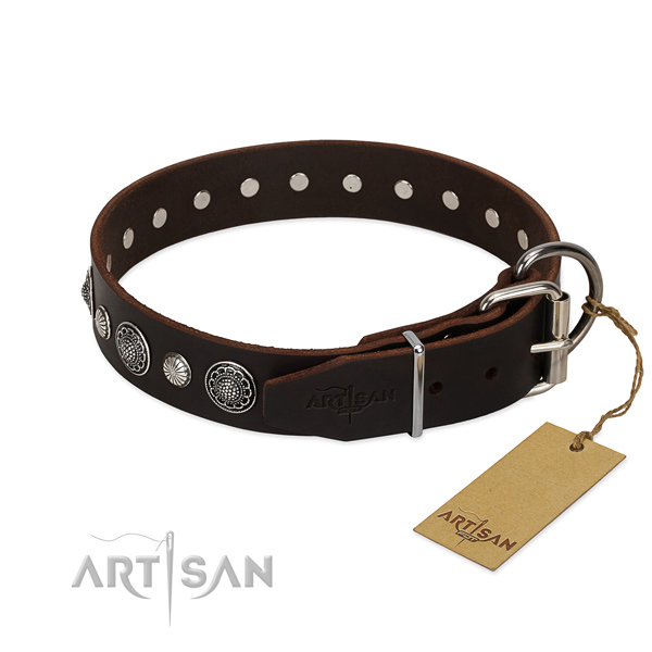 Soft to touch natural leather dog collar with corrosion resistant D-ring