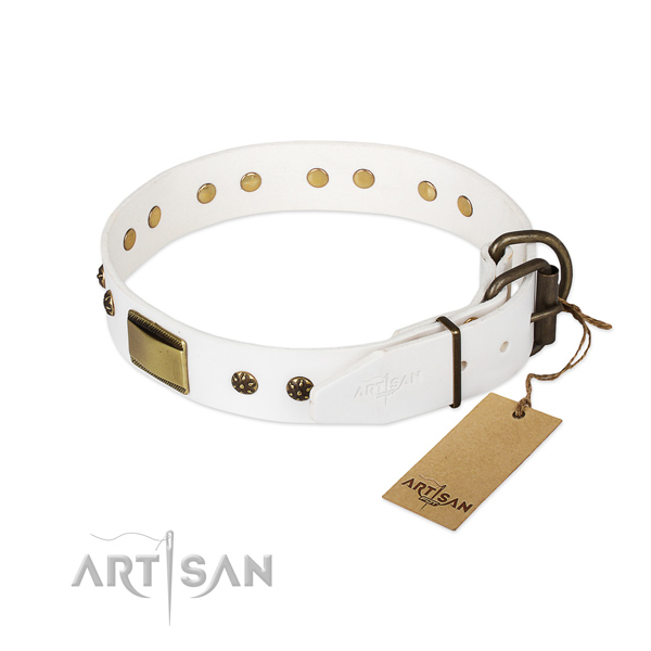 Natural genuine leather dog collar with corrosion resistant hardware and adornments