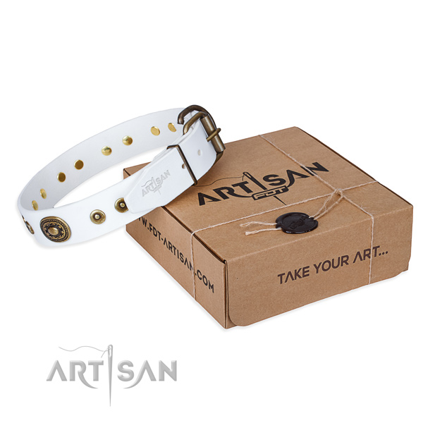 Full grain genuine leather dog collar made of soft to touch material with durable hardware