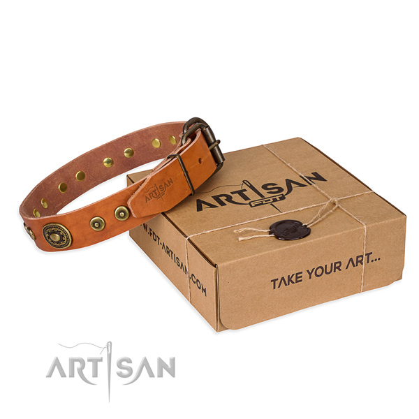 Full grain leather dog collar made of gentle to touch material with rust-proof hardware