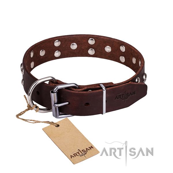 Handy use dog collar of top notch full grain genuine leather with decorations