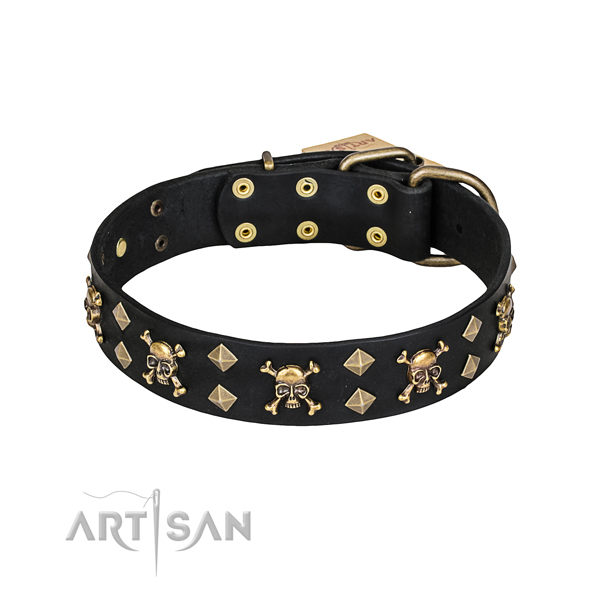 Handy use dog collar of quality full grain leather with embellishments