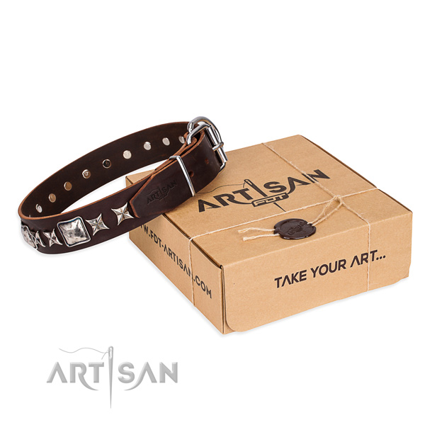 Comfy wearing dog collar of durable natural leather with decorations