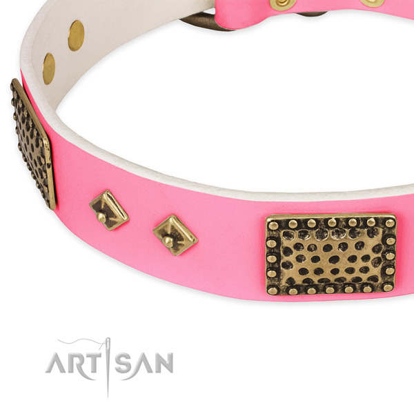 Full grain natural leather dog collar with decorations for easy wearing