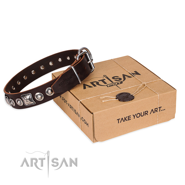 Full grain genuine leather dog collar made of quality material with rust-proof buckle