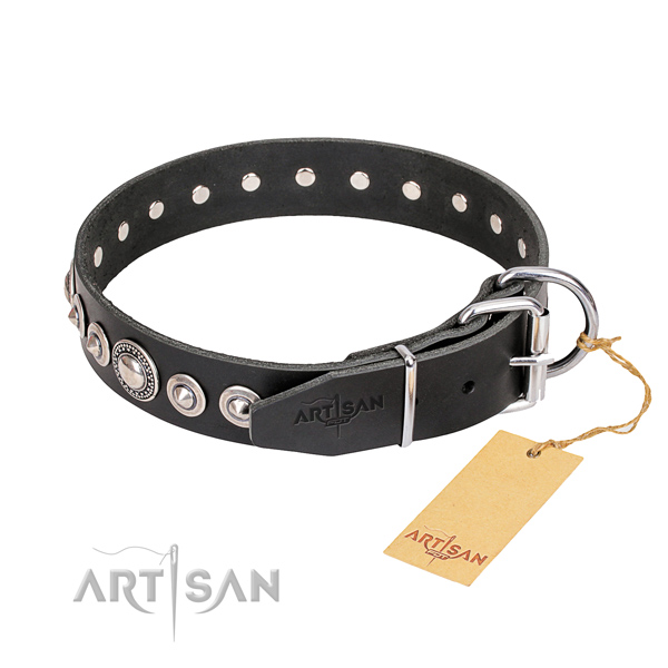 Quality embellished dog collar of full grain genuine leather