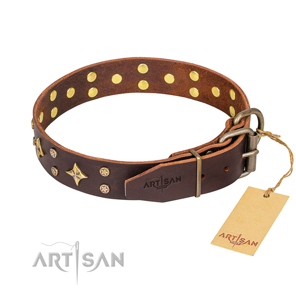 Handy use embellished dog collar of top notch full grain leather