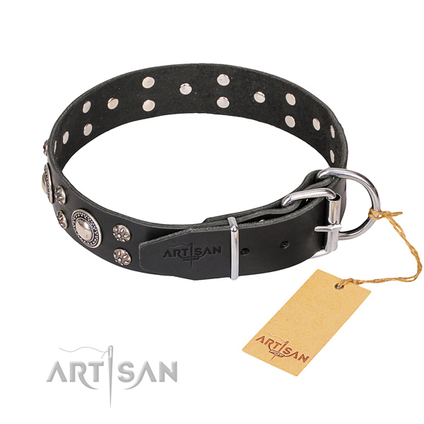 Comfortable wearing decorated dog collar of high quality leather