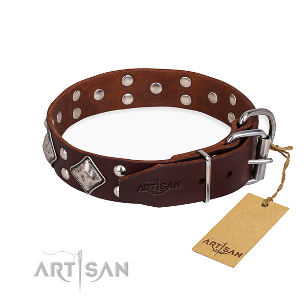 Full grain natural leather dog collar with stunning reliable adornments