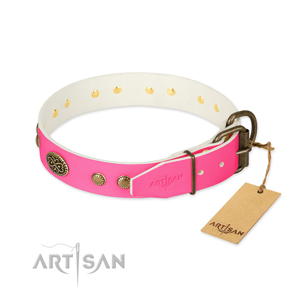Reliable D-ring on genuine leather dog collar for your dog
