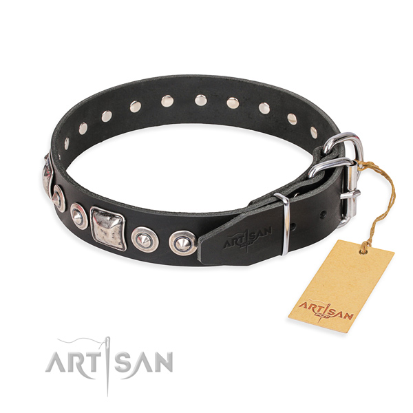 Full grain natural leather dog collar made of quality material with corrosion proof embellishments