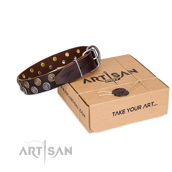 Everyday use dog collar of top notch full grain genuine leather with embellishments