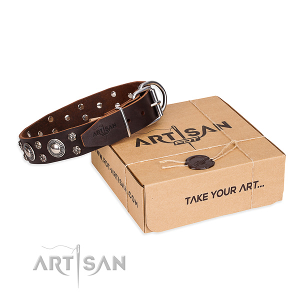 Comfy wearing dog collar of high quality full grain genuine leather with adornments