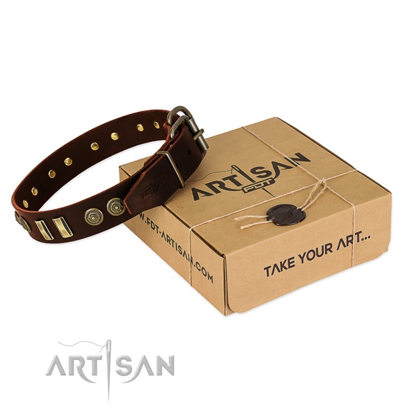 Rust resistant hardware on natural leather dog collar for your four-legged friend