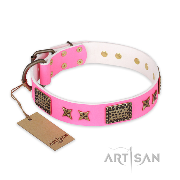 Stylish genuine leather dog collar with strong traditional buckle