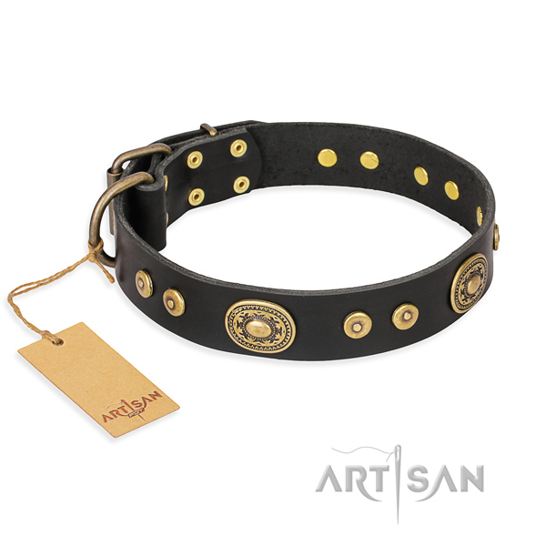 Natural genuine leather dog collar made of top notch material with corrosion resistant hardware