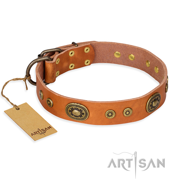 Genuine leather dog collar made of gentle to touch material with reliable D-ring