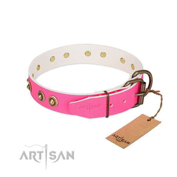 Full grain natural leather dog collar with strong buckle and decorations