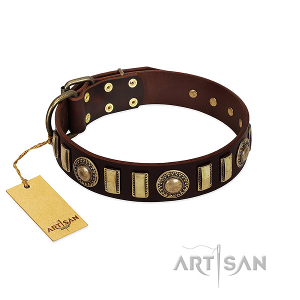 Strong natural leather dog collar with strong buckle