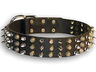 Leather dog collar with 3spikes+3old brass pyramids for all dogs